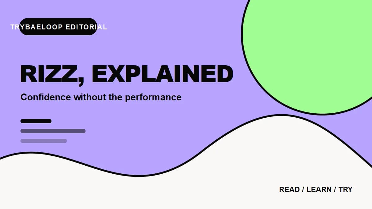 Bold editorial graphic explaining rizz and conversational confidence
